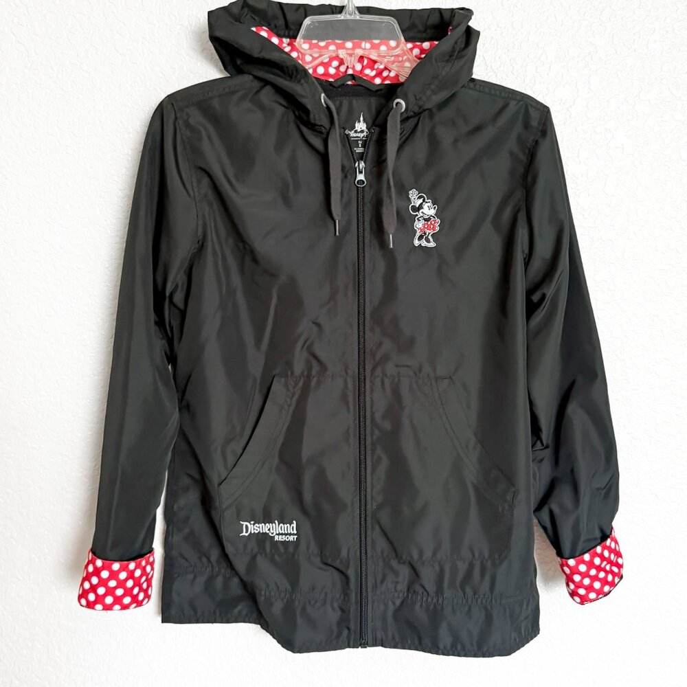 Disney Parks Disneyland Minnie Mouse Windbreaker Black Hooded Zip Rain Jacket XS